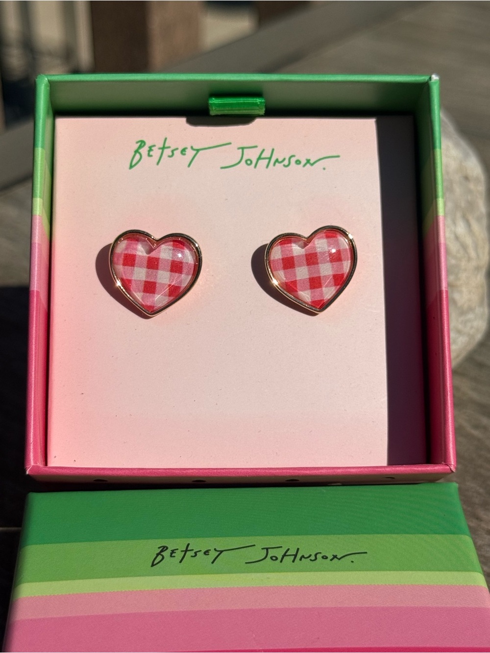 NWT Betsey Johnson Pink and White Gingham Heart Stud Earrings